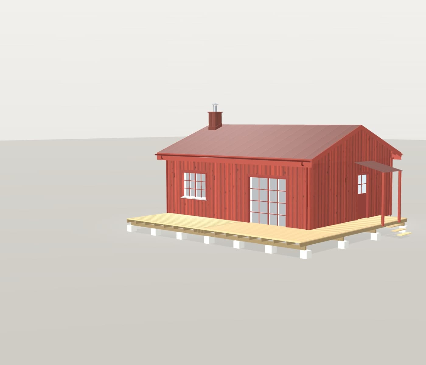 Exempelhuset i 3D — ett rött hus med altan