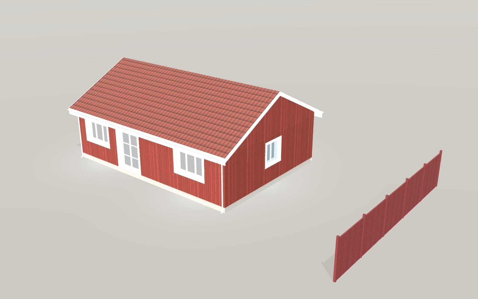 Plank mot grannen bredvid ett rött hus, i 3D