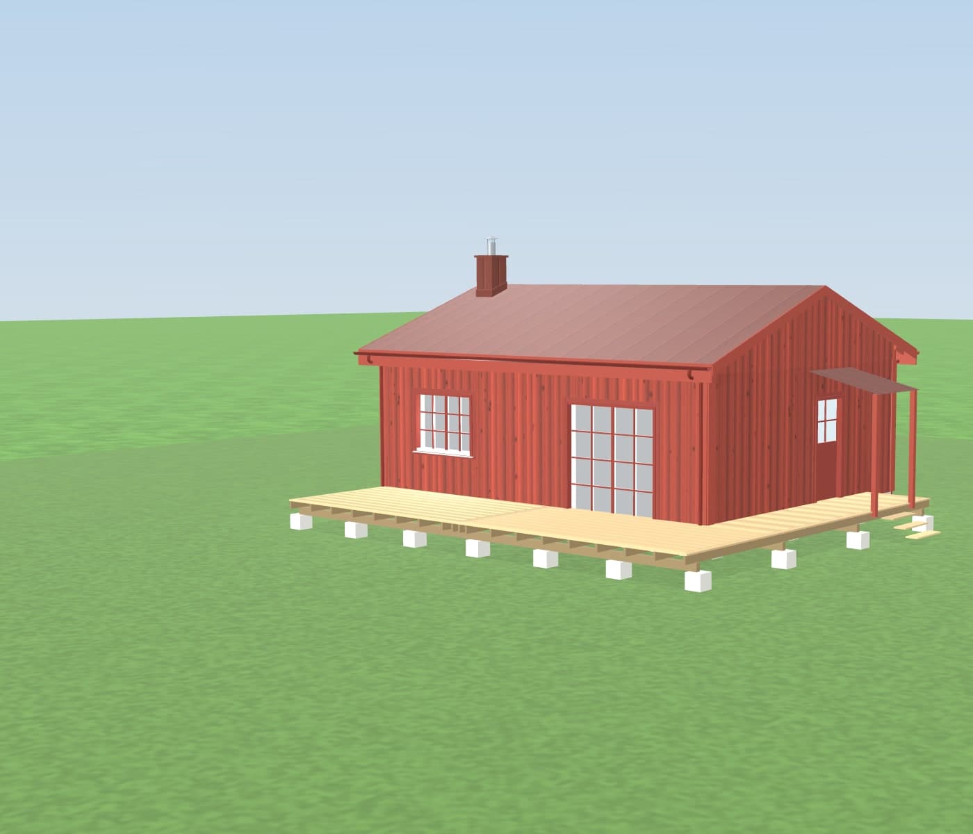 Exempelhuset i 3D — ett rött hus med altan