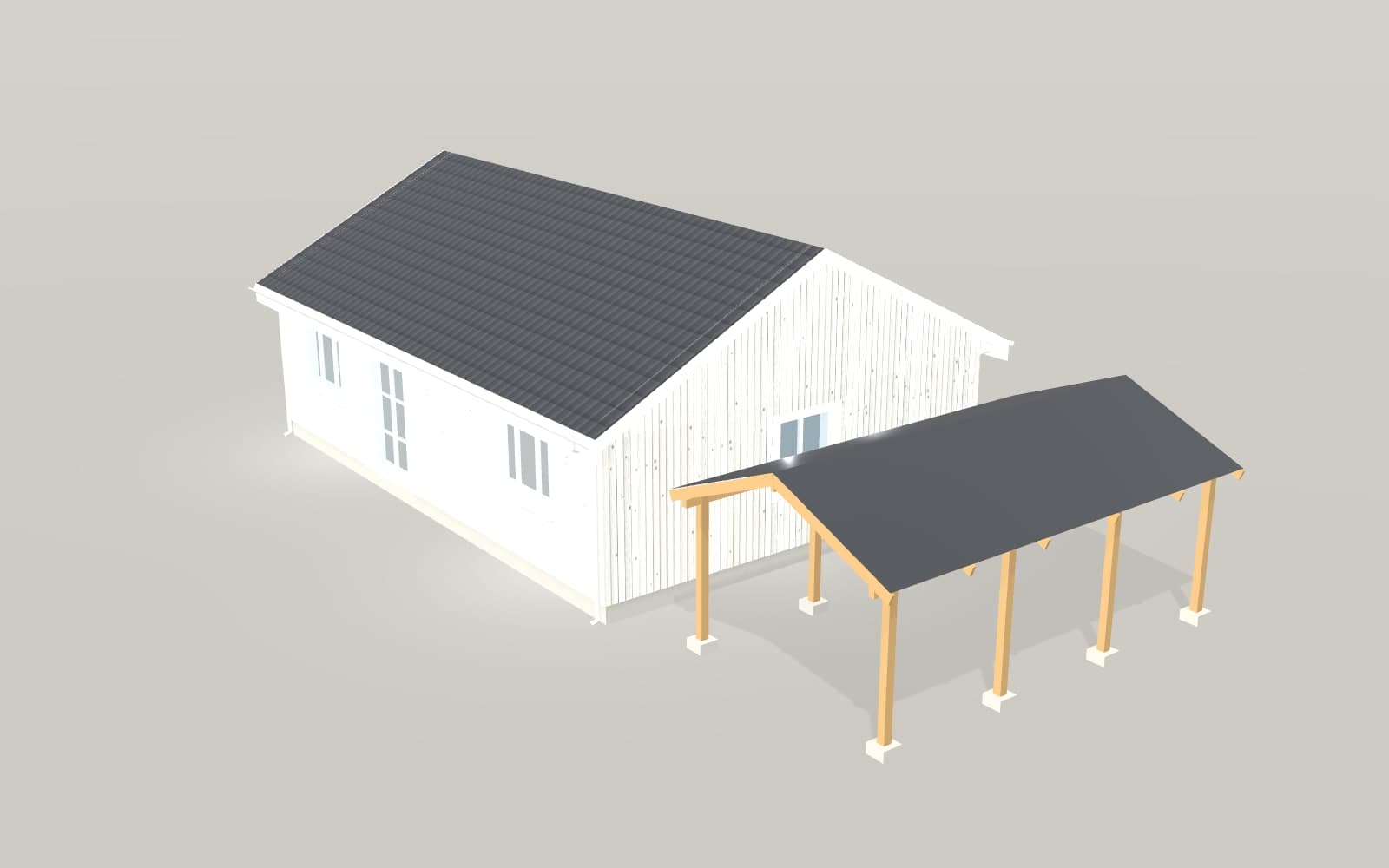 Fristående carport bredvid ett vitt hus, i 3D