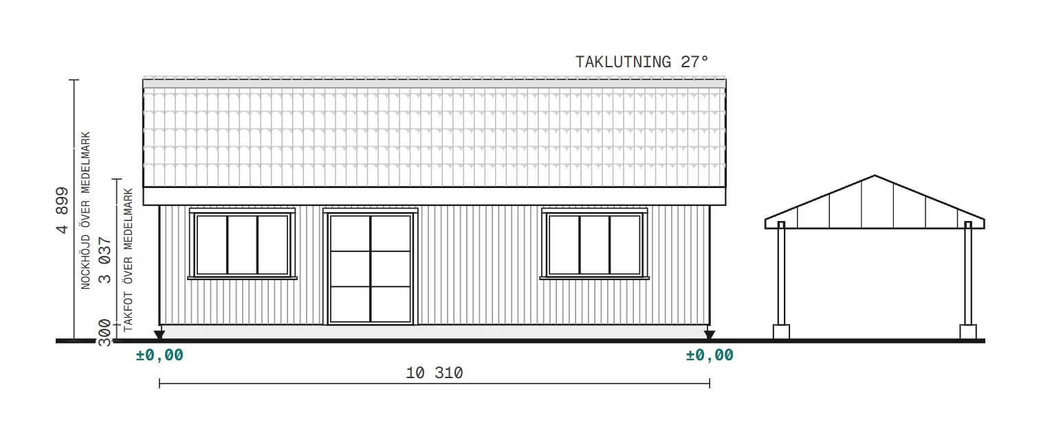 Fasadritning med huset och carporten