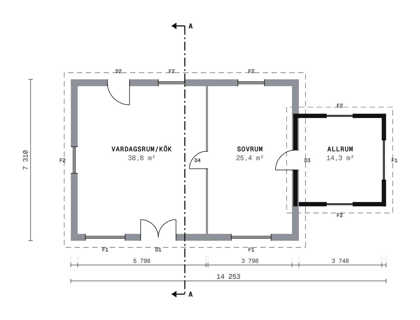 Planritning där det befintliga huset är grått och tillbyggnaden svart