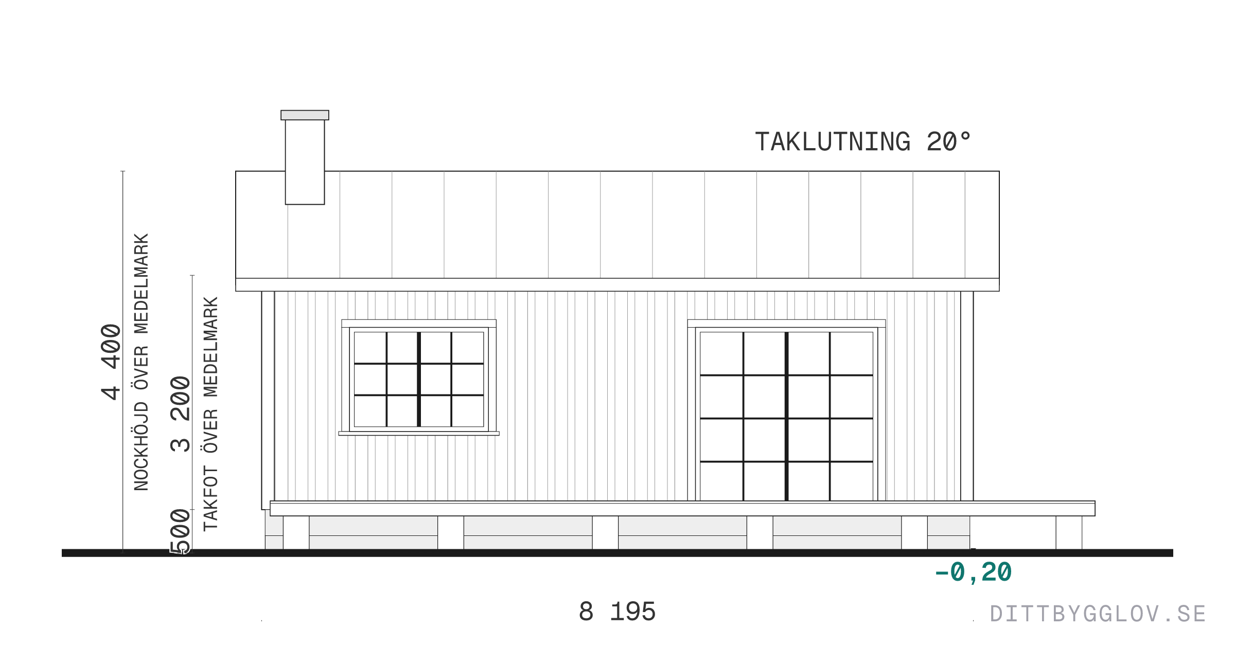 Exempel på fasadritning för bygglov: måttsatt fasad med nockhöjd, takfot och taklutning